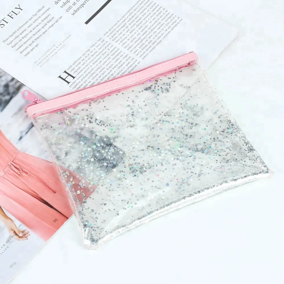 Travel Transparent Luxury Custom Logo Waterproof PVC Clear Makeup Cosmetic Glitter Bag TPU Cosmetic Pouch with Pink Zipper